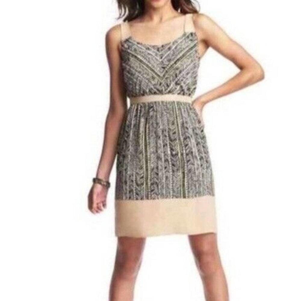 Ann Taylor Loft Tribal Chevron Print Summer Dress Ribbon Belt Black Beige Sz 8